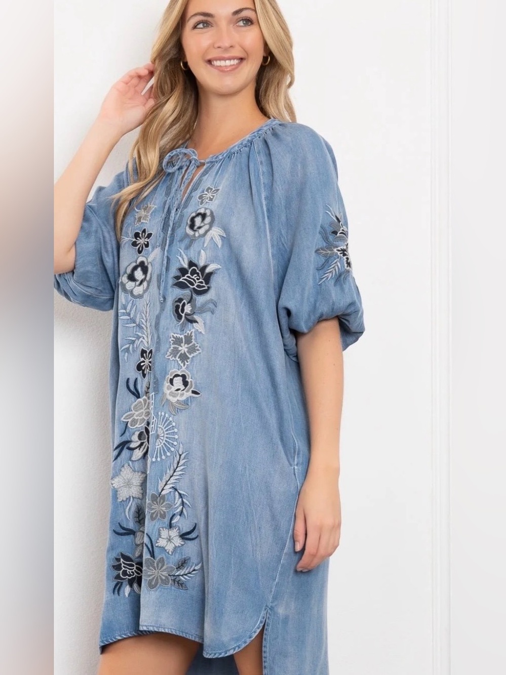 Embroidered Chambray Dress in Light Blue